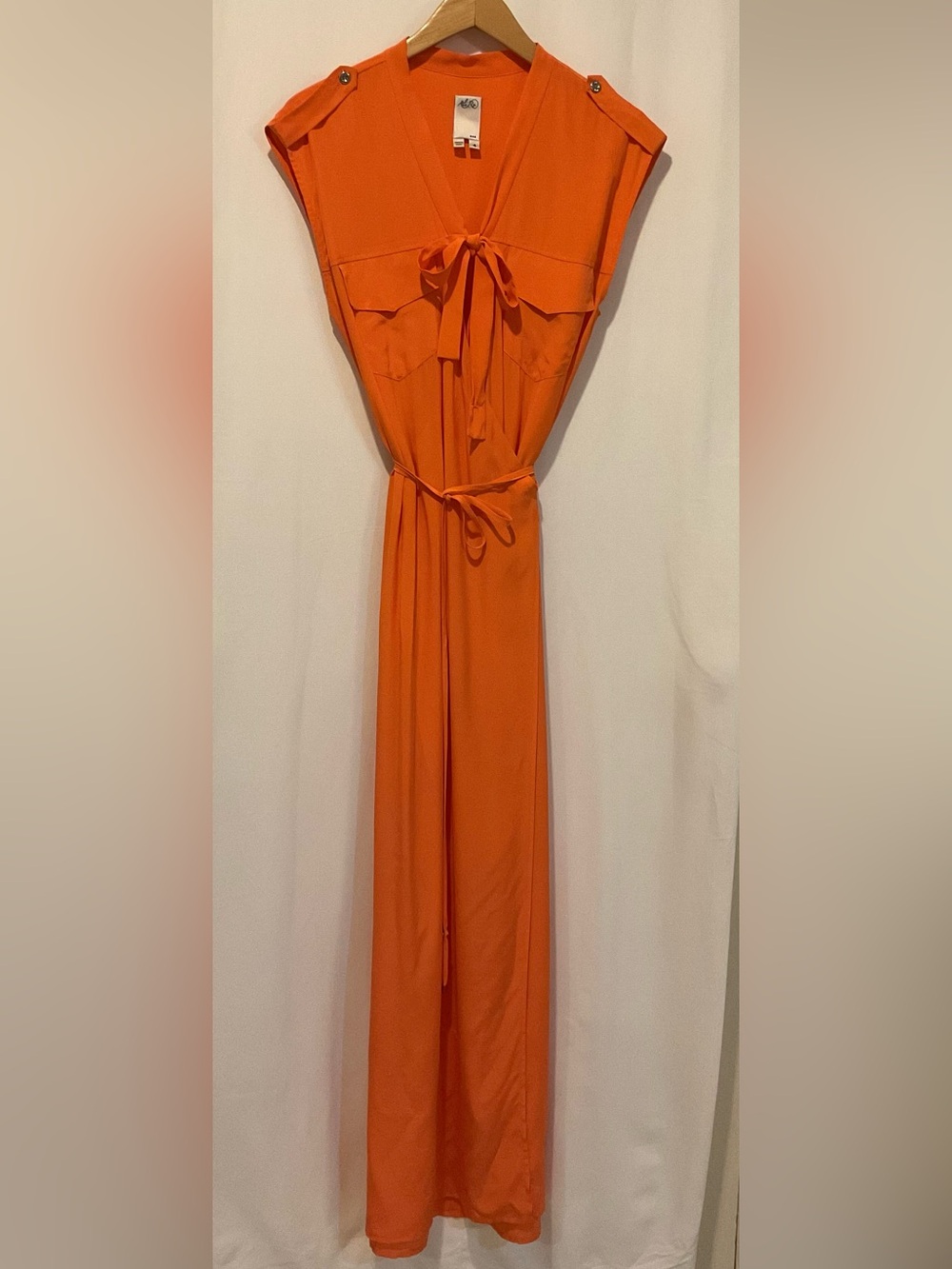 Ali Ro Bright Orange Cap-Sleeve Maxi Dress with Tie Detail